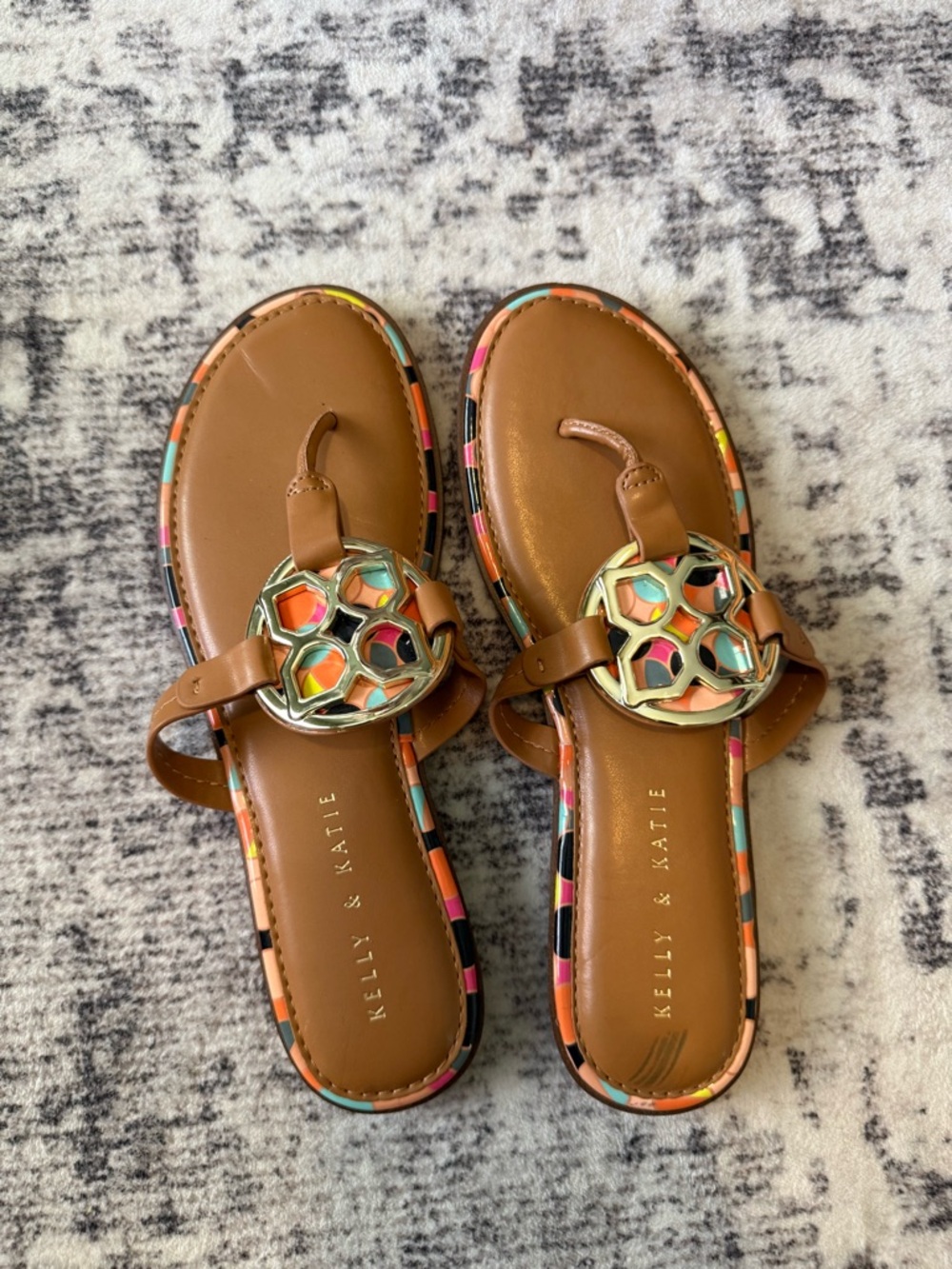 Kelly & Katie Tan Thong Sandals with Multicolor Trim
